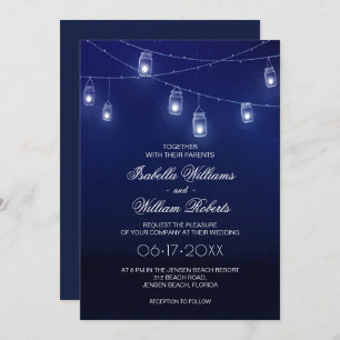 Navy Blue & Silver Mason Jar String Lights Wedding Invitation