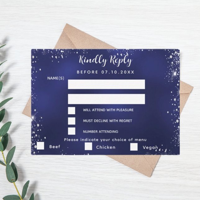 Navy blue silver menu choises wedding RSVP (Creator Uploaded)