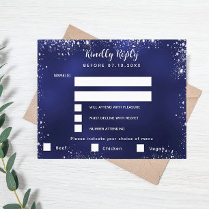 Navy blue silver menu choises wedding RSVP card
