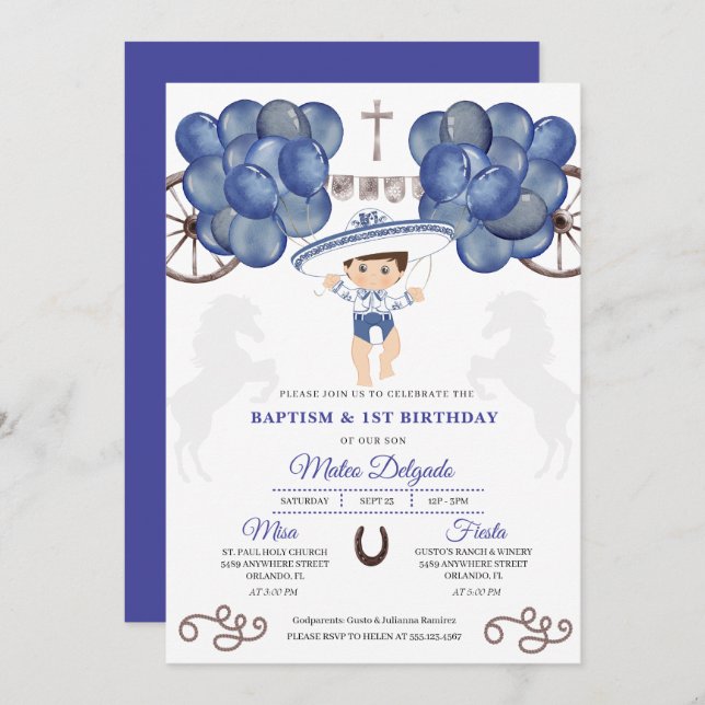 Navy Blue & Silver Mexican Baby Boy Charro Baptism Invitation (Front/Back)