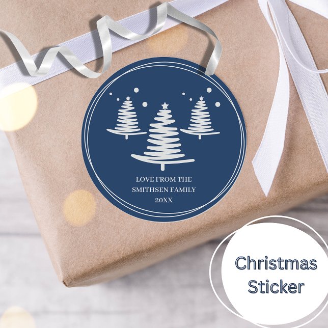 Navy Blue Silver Minimalist Christmas Trees Classic Round Sticker (Creator Uploaded)