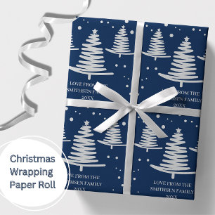 Navy Blue Silver Minimalist Christmas Trees Wrapping Paper