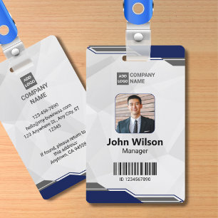 Navy Blue & Silver Modern ID with Photo & Barcode ID Badge