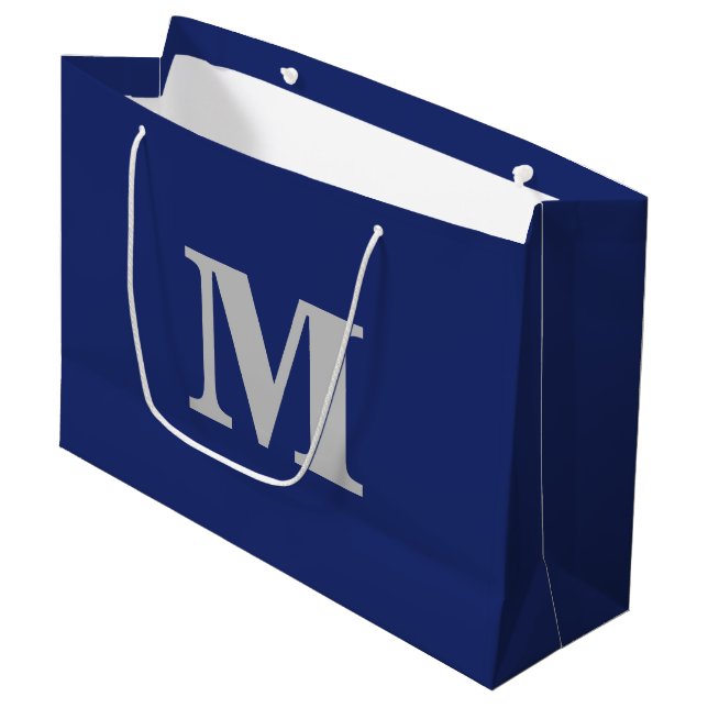 Navy Blue & Silver Modern Letter Monogram Large Gift Bag (Front Angled)