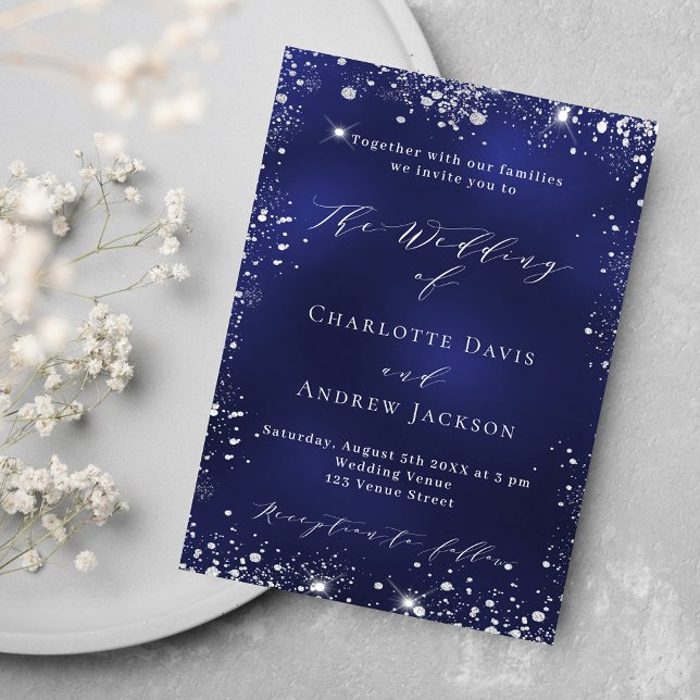 Navy blue silver modern luxury wedding invitation (Creator Uploaded)