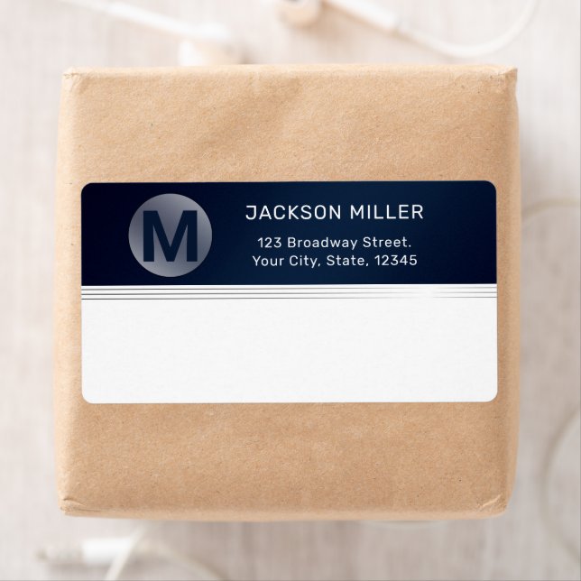 Navy blue silver modern simple monogram shipping (Insitu)