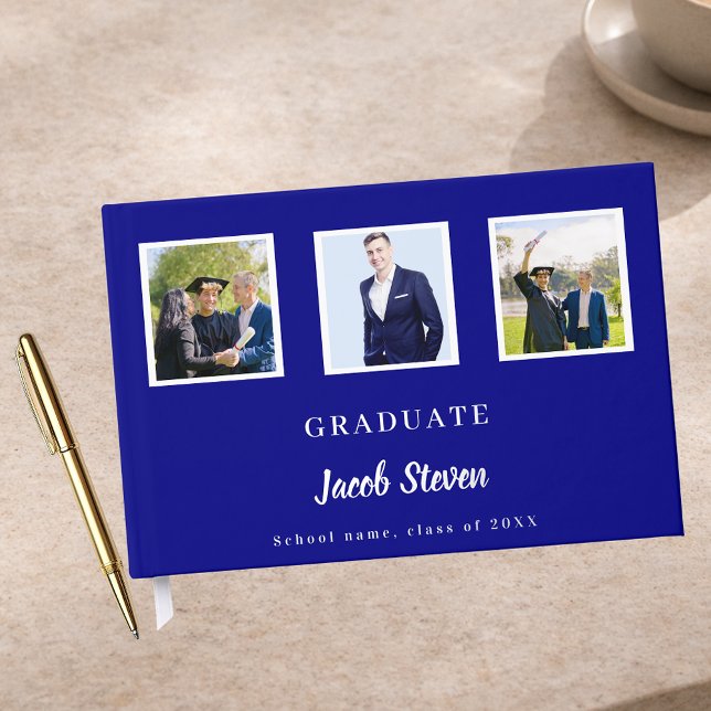 Navy blue silver name script photo Graduation Guest Book (Creator Uploaded)
