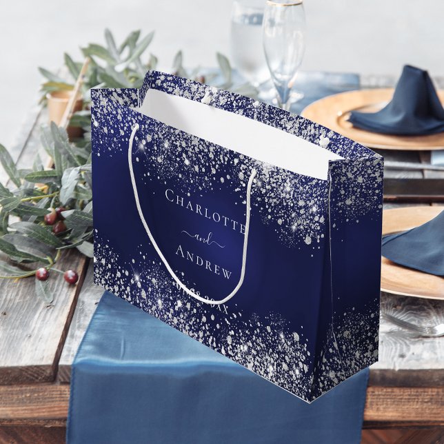 Navy blue silver name wedding large gift bag (Creator Uploaded)