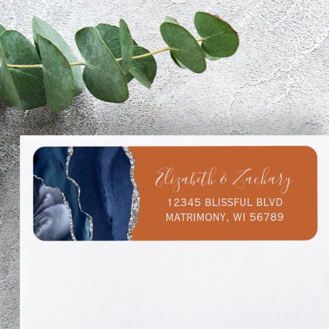 Navy Blue Silver Orange Wedding Return Address Label (Creator Uploaded)