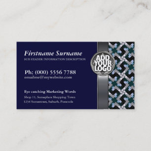 Navy Blue + Silver Pattern  w/ Logo Business Cards
