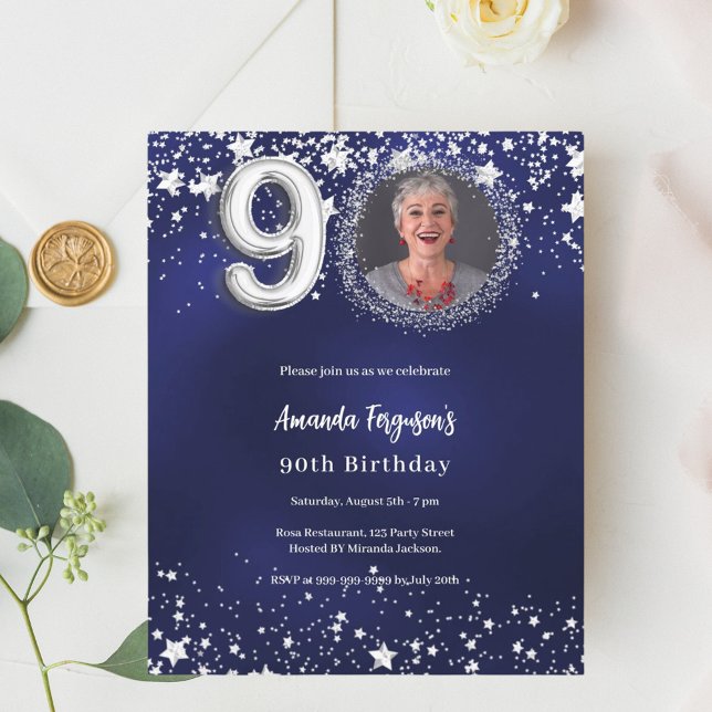 Navy blue silver photo 90th birthday invitation (Creator Uploaded)
