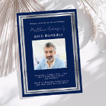 Navy blue silver photo birthday invitation<br><div class="desc">An elegant,  modern,  simple birthday invitation.  A navy blue background decorated with faux silver frames.  Personalise and add a photo name and details. White text.</div>