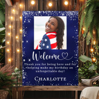 Navy blue silver photo birthday party welcome