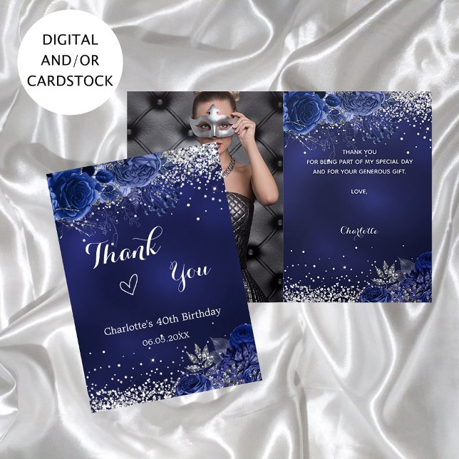 Navy blue silver photo floral birthday thank you card (Creator Uploaded)