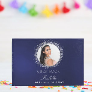 Navy blue silver photo glamourous birthday guest book