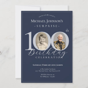 Navy Blue Silver Photo Surprise 100th Birthday Invitation