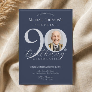 Navy Blue Silver Photo Surprise 90th Birthday Invitation