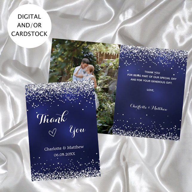 Navy blue silver photo wedding thank you card (Creator Uploaded)