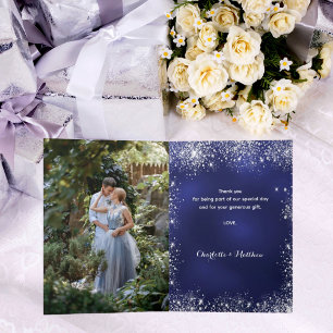 Navy blue silver photo wedding thank you card