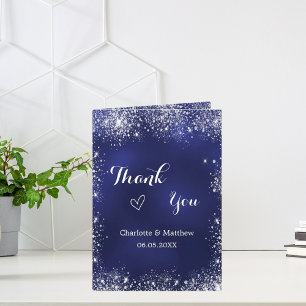 Navy blue silver photo wedding thank you card
