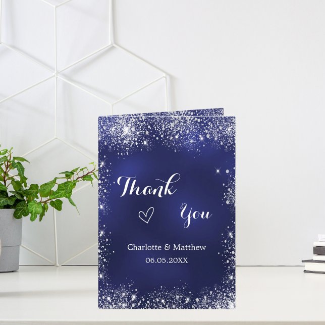 Navy blue silver photo wedding thank you card (Creator Uploaded)