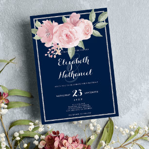 Navy blue silver pink green floral theme wedding invitation