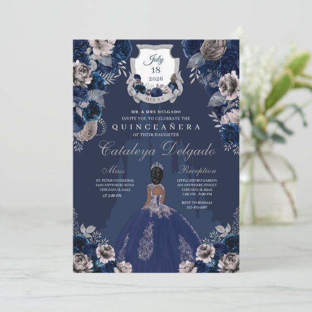 Navy Blue & Silver Princess Castle Quinceañera Invitation (Standing Front)