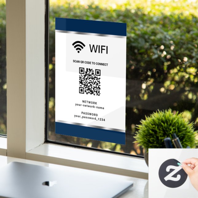 Navy Blue Silver QR Code Wifi Network and Password (Office)