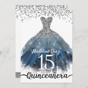 Navy Blue Silver Quinceanera Birthday Invitation