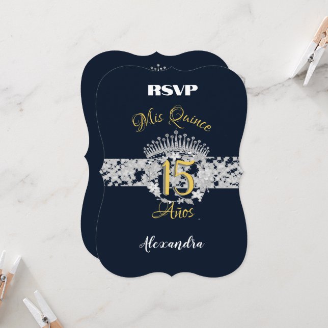 Navy Blue Silver Roses Butterflies Quinceanera (Front/Back In Situ)