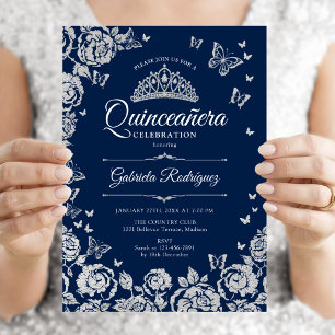 Navy Blue Silver Roses Butterflies Quinceanera Invitation