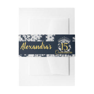 Navy Blue Silver Roses Butterflies Quinceanera Invitation Belly Band