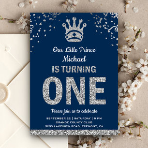 Navy Blue Silver Royal Prince First Birthday Invitation