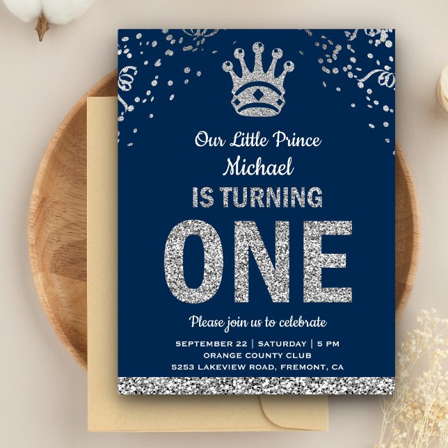 Navy Blue Silver Royal Prince First Birthday Invitation Postcard (Creator Uploaded)