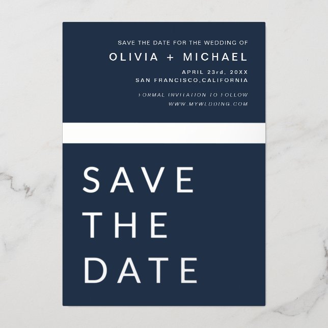 Navy Blue Silver Save the Date Elegant (Front)