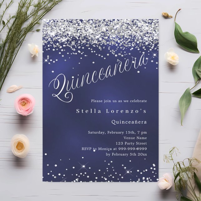 Navy blue silver script elegant Quinceanera Invitation (Creator Uploaded)