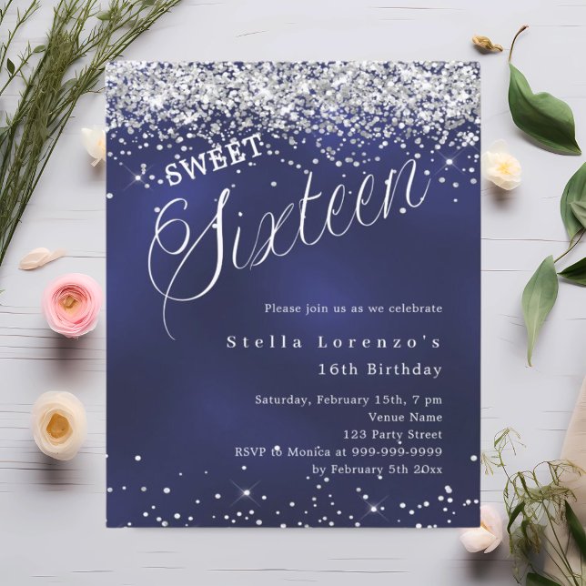 Navy blue silver script Sweet 16 invitation (Creator Uploaded)
