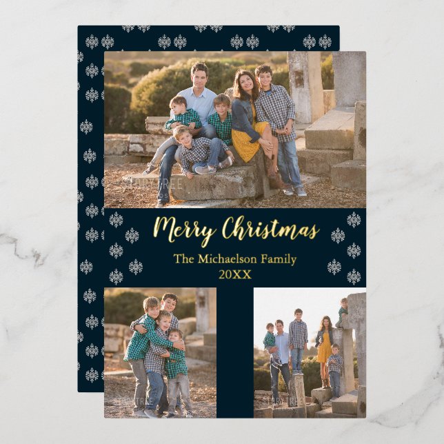 Navy Blue Silver Snowflake Christmas Collage Photo Foil Holiday Card (Front/Back)