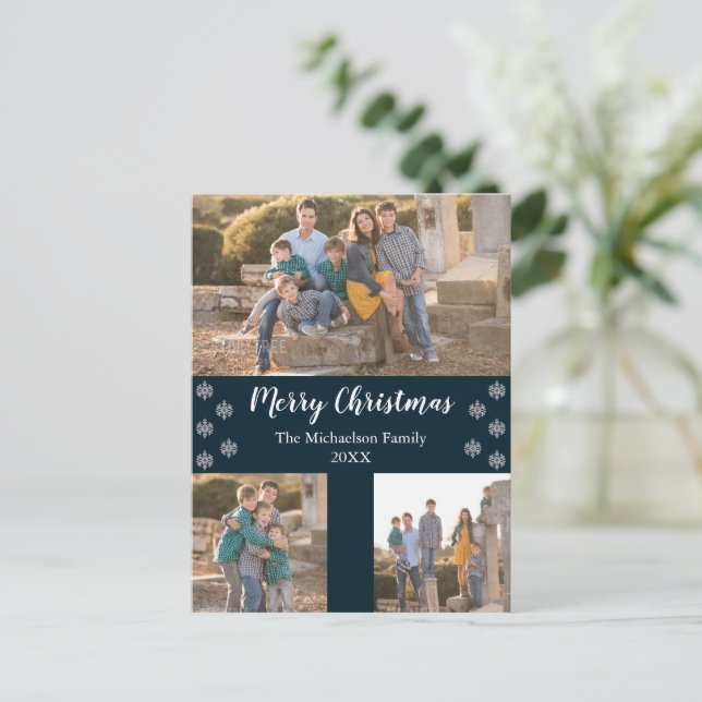 Navy Blue Silver Snowflake Christmas Collage Photo Holiday Postcard (Standing Front)