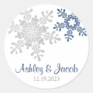 Navy Blue Silver Snowflake Wedding  Classic Round Sticker