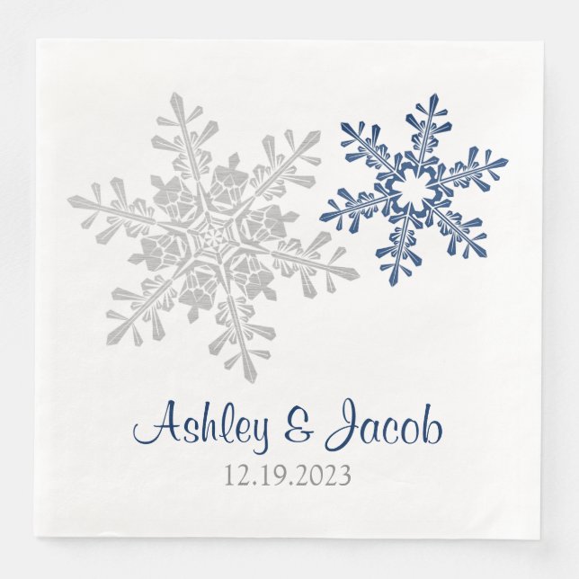 Navy Blue Silver Snowflake Wedding  Napkin (Front)