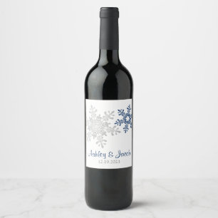 Navy Blue Silver Snowflake Wedding Wine Label