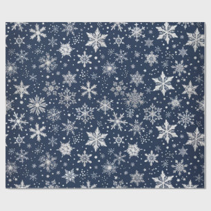 Navy Blue Silver Snowflakes Luxury Christmas Wrapping Paper