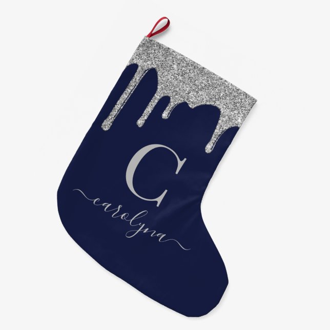 Navy Blue Silver Sparkle Glitter Drips Monogram Large Christmas Stocking (Front (Hanging))