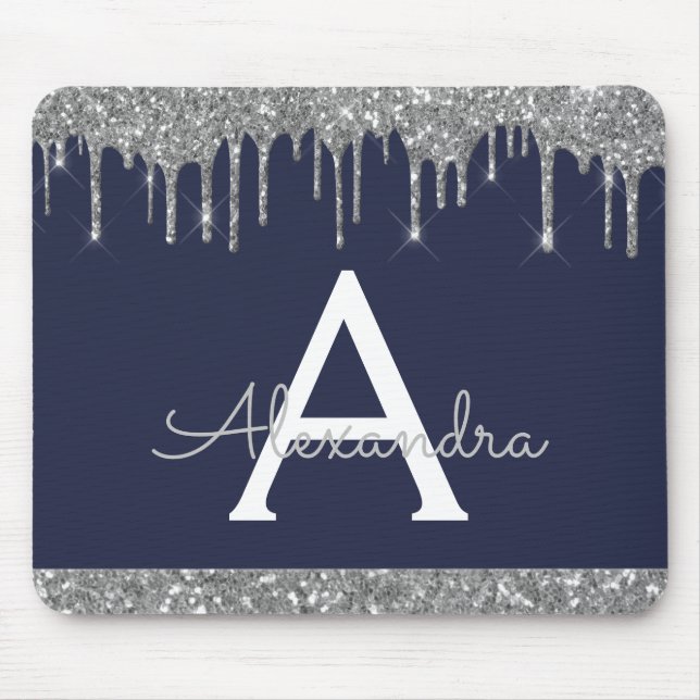 Navy Blue Silver Sparkle Glitter Monogram Mouse Pad (Front)