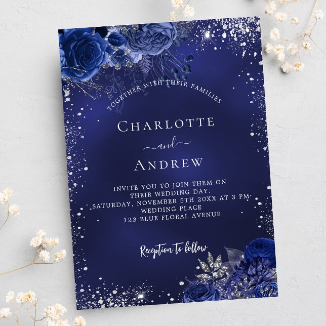 Navy blue silver sparkles floral wedding invitation postcard (Creator Uploaded)