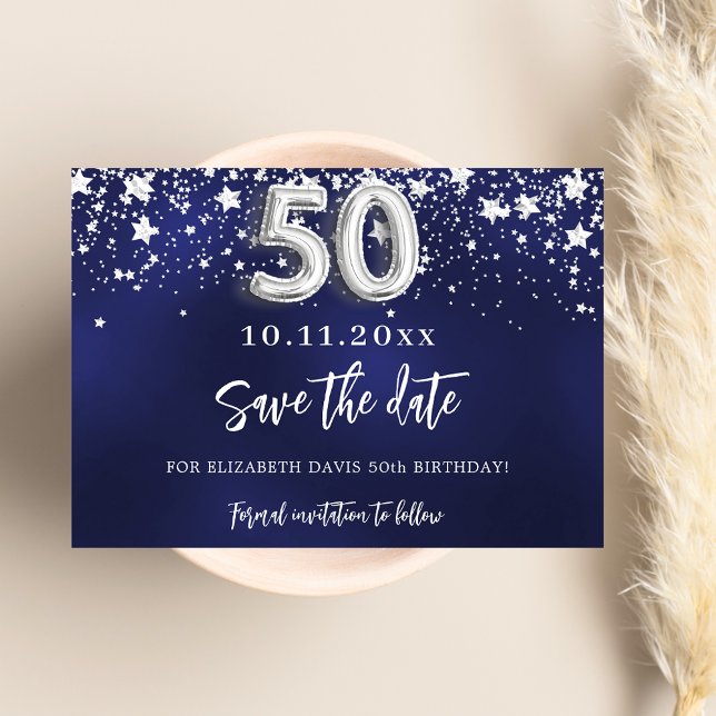 Navy blue silver stars 50th birthday save the date (Creator Uploaded)