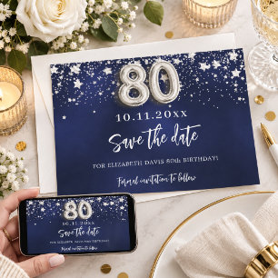 Navy blue silver stars 80th birthday save the date