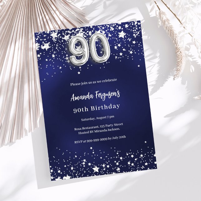 Navy blue silver stars 90th birthday luxury invitation (Creator Uploaded)