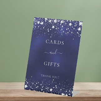 Navy blue silver stars cards gifts pedestal sign